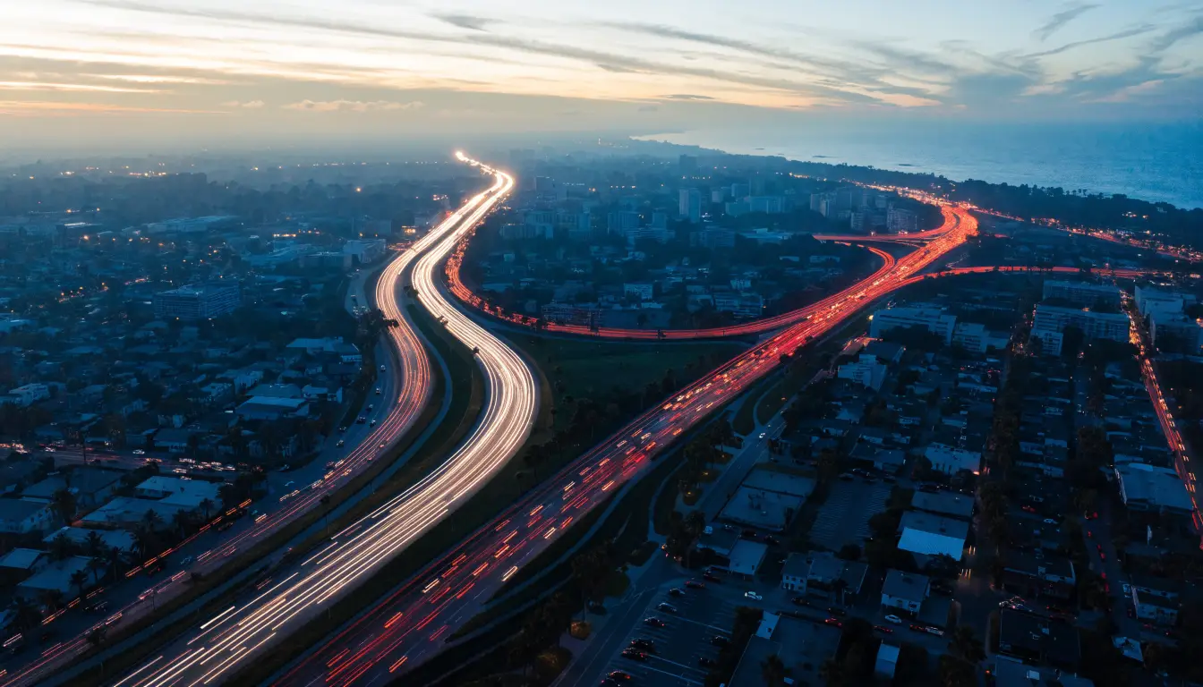 The I-5 and SR-78 interchange at dusk — Oceanside's most disputed crash zone