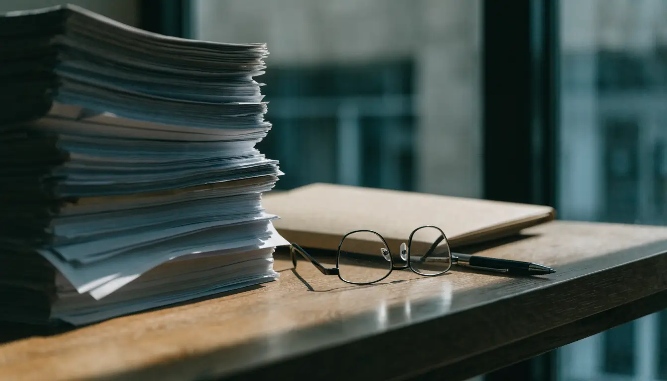 A stack of insurance claim paperwork on a desk — the escalation ladder after an Oceanside claim denial