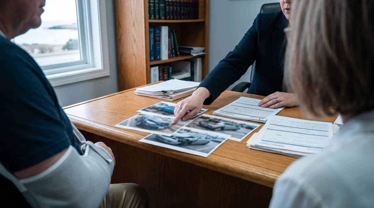 An Oceanside car accident lawyer reviews collision paperwork with an injured client
