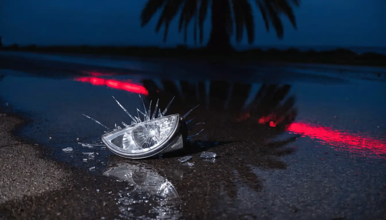 Shattered headlight glass on wet Oceanside asphalt after a drunk driving crash