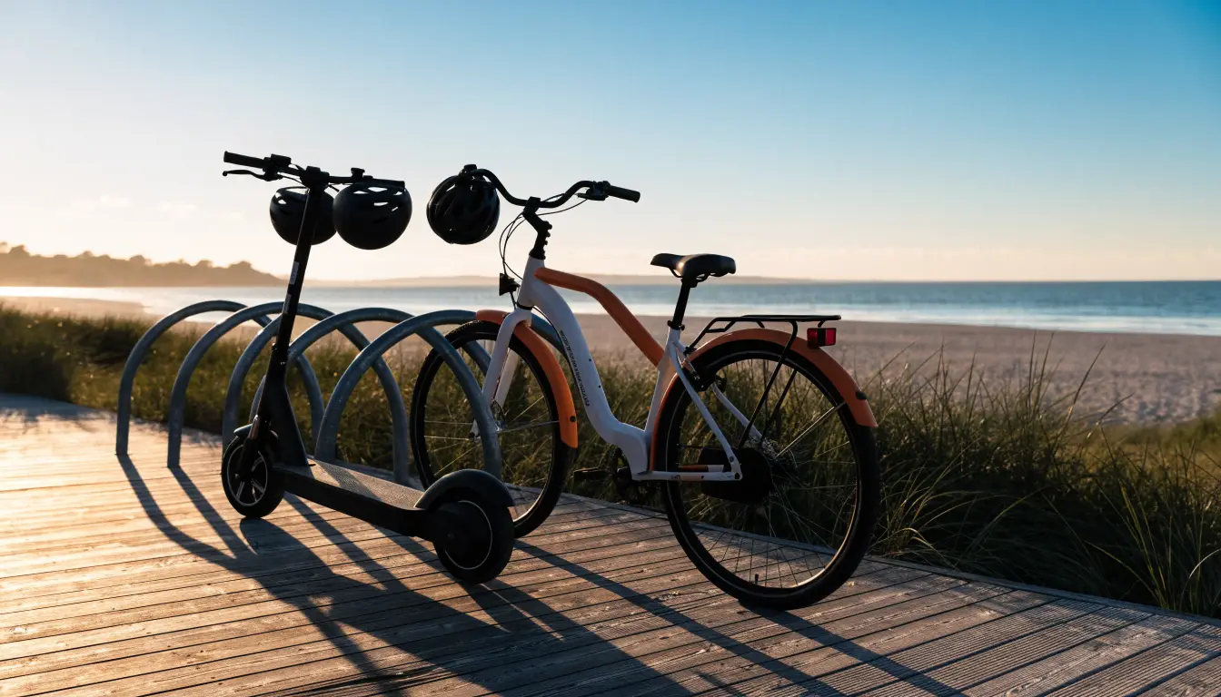An e-scooter and e-bike at an Oceanside boardwalk rack — the claims puzzle when they crash
