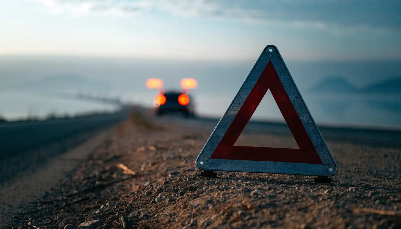 A hazard triangle on an Oceanside road shoulder just after a crash, the first minutes of the first 24 hours