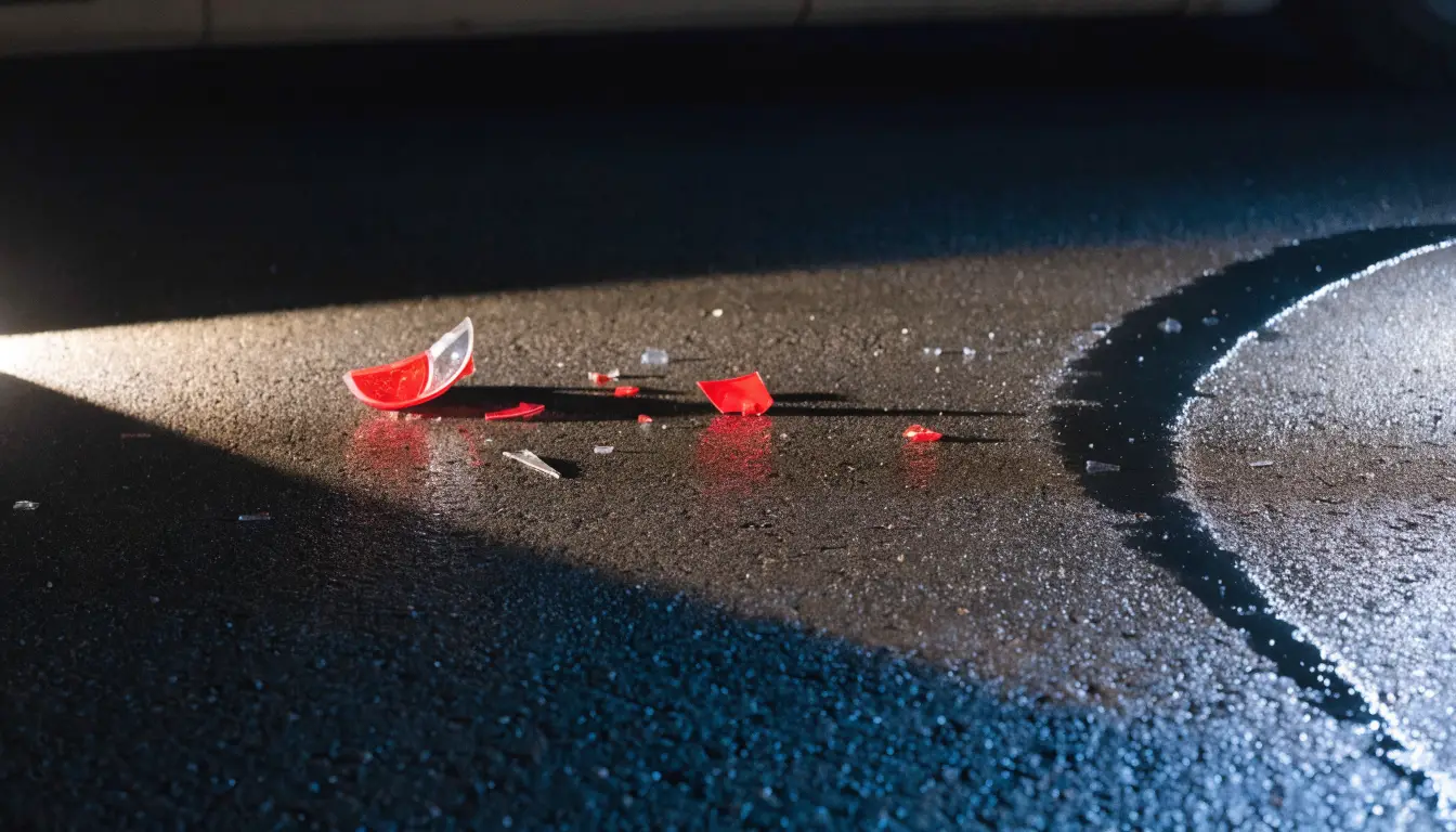 A flashlight revealing paint transfer and broken taillight fragments — hit-and-run evidence in Oceanside