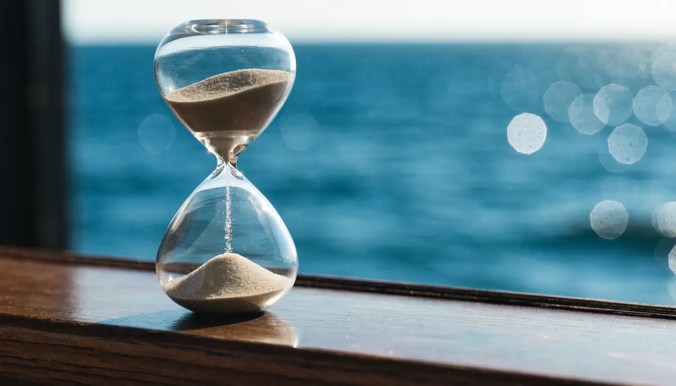 An hourglass by a window with the ocean beyond — the timeline for getting a lawyer after an Oceanside crash