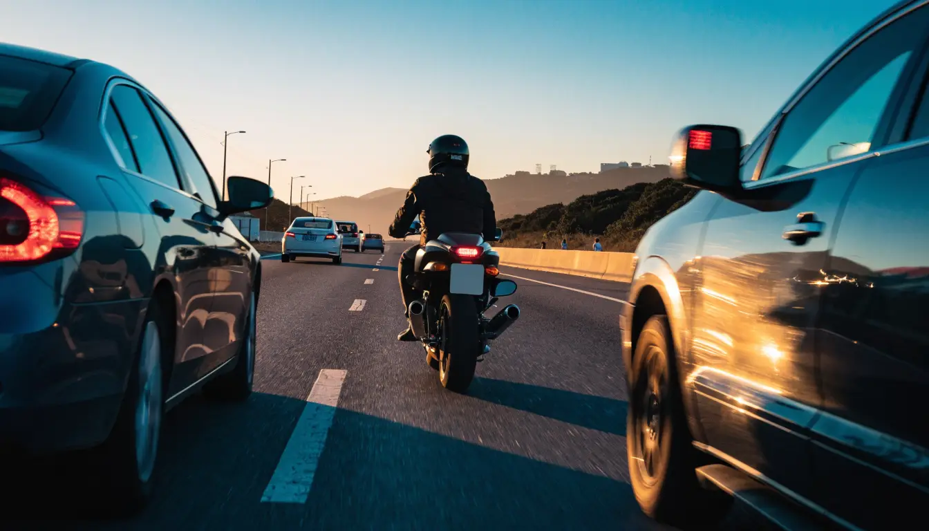 A motorcycle lane splitting legally between slow coastal freeway traffic near Oceanside