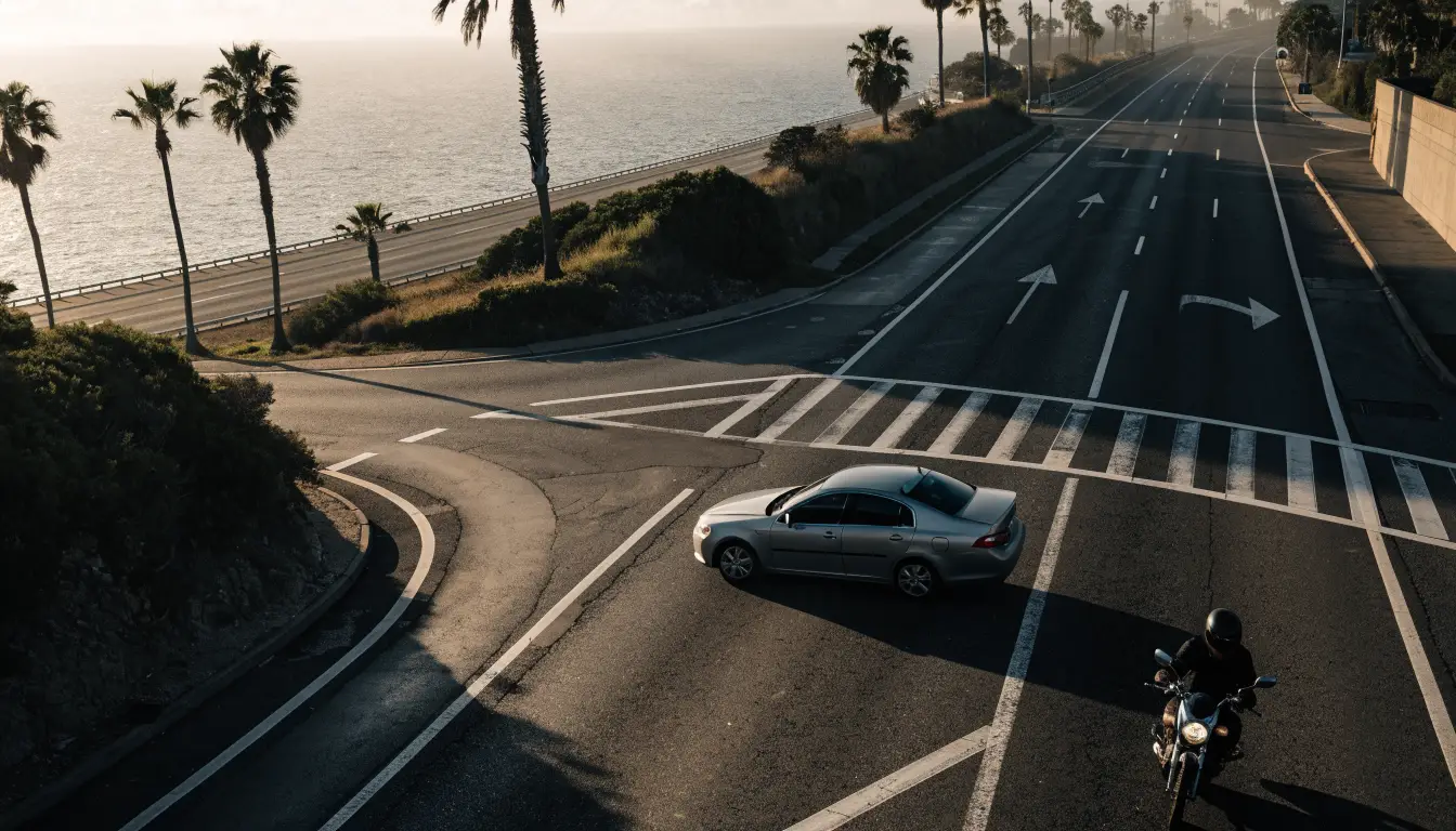 A car turning left across an oncoming motorcycle's path at an Oceanside coastal intersection