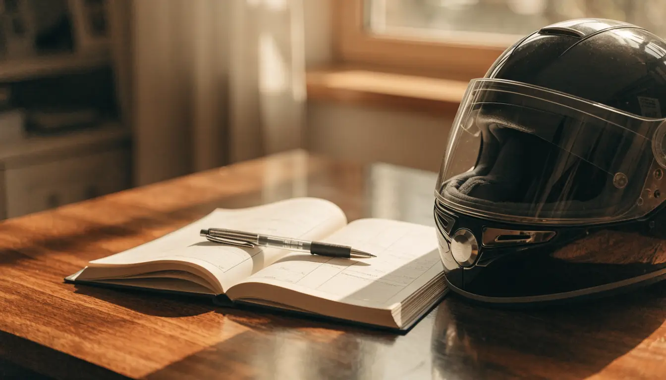 A motorcycle helmet beside a calendar and settlement papers — how much and how long for Oceanside rider claims