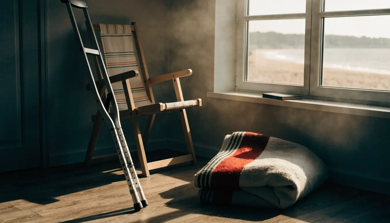 An empty beach chair and crutches by a window, representing pain and suffering damages in an Oceanside injury claim