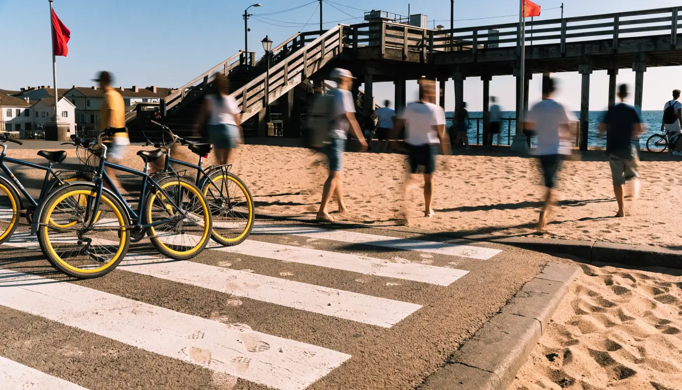 A beach crosswalk near the Oceanside pier entrance — downtown's pedestrian claim zone