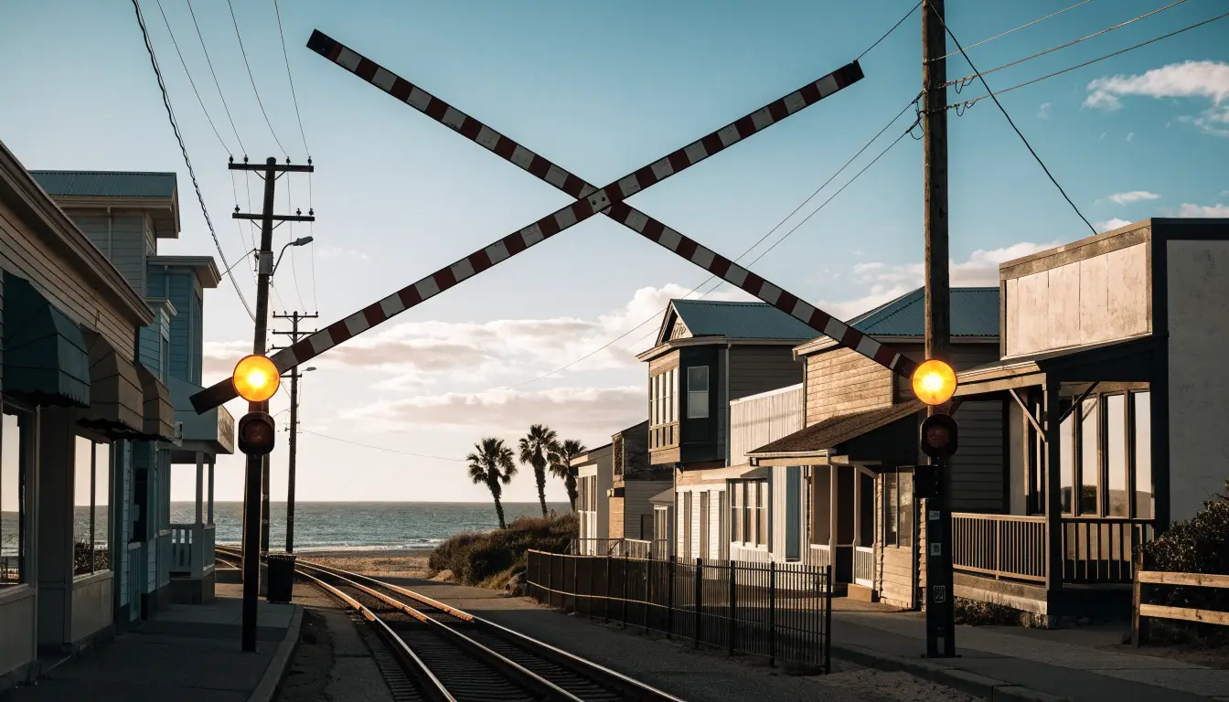 Railroad crossing arms lowering over a South Oceanside street — the COASTER corridor's claim zone
