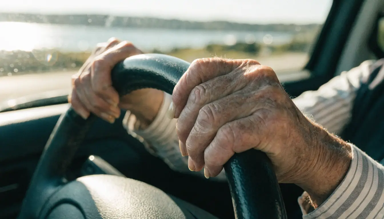 An older driver's hands on the wheel in coastal light — senior injury claims in Ocean Hills