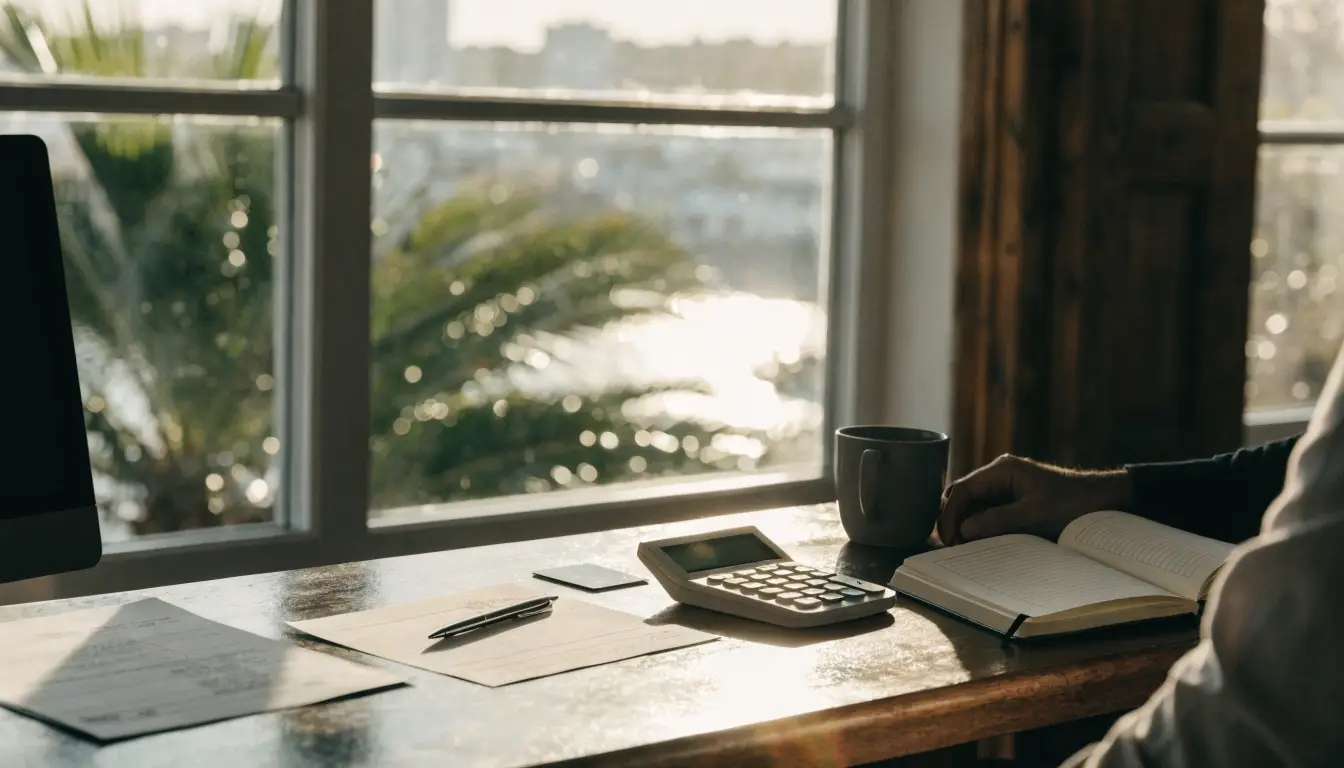 A settlement check and calculator on an Oceanside lawyer's desk with coastal light