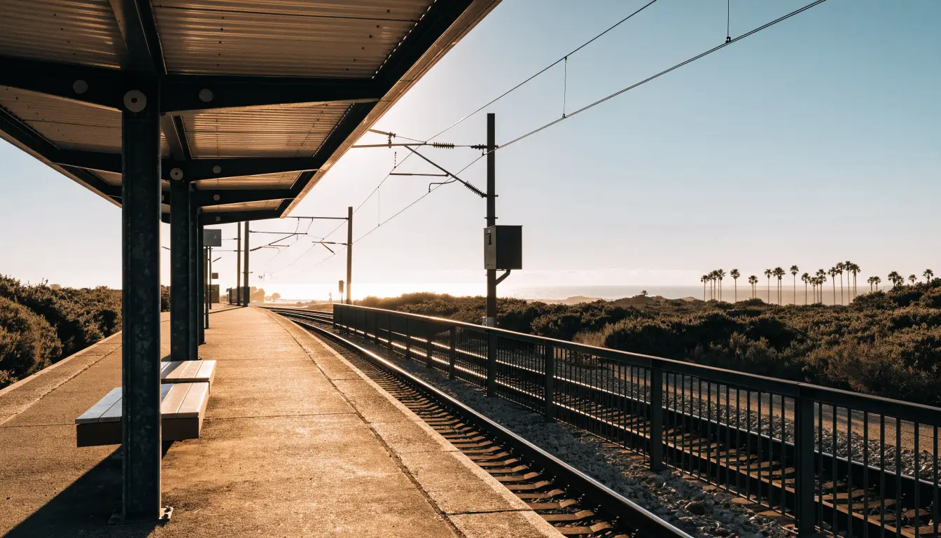 The rail platform at the Oceanside Transit Center — the last-mile crash zone around North County's hub