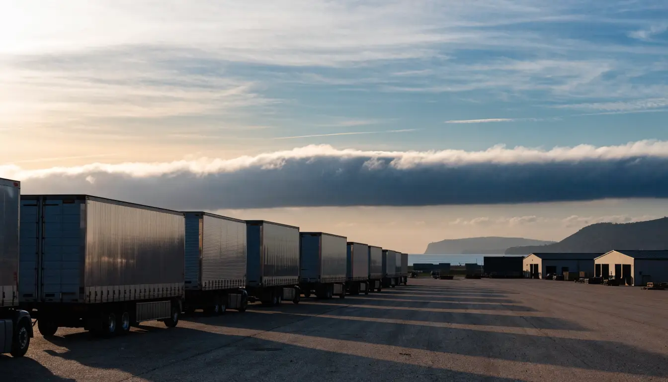 Semi trailers at a coastal freight yard at dawn — the commercial scale behind Oceanside truck settlements