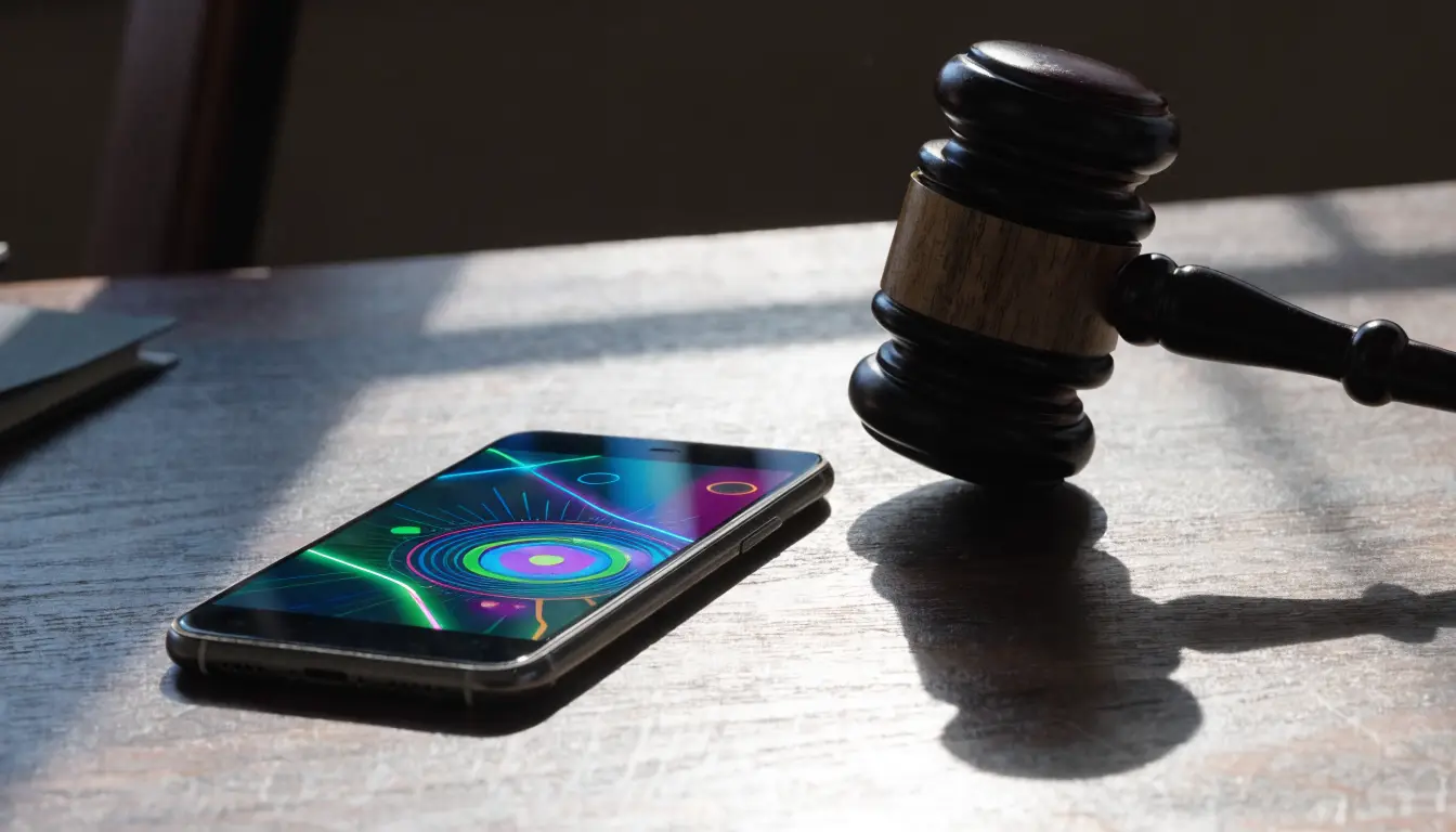 A phone with a rideshare map beside a gavel — whether Uber claims settle out of court in Oceanside