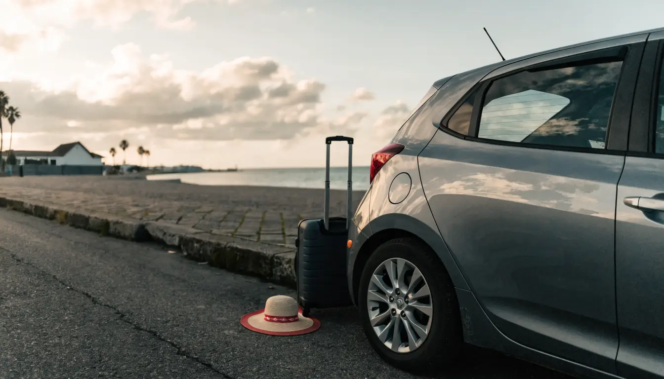 A suitcase beside a rental car at an Oceanside curb — the visitor's injury claim guide