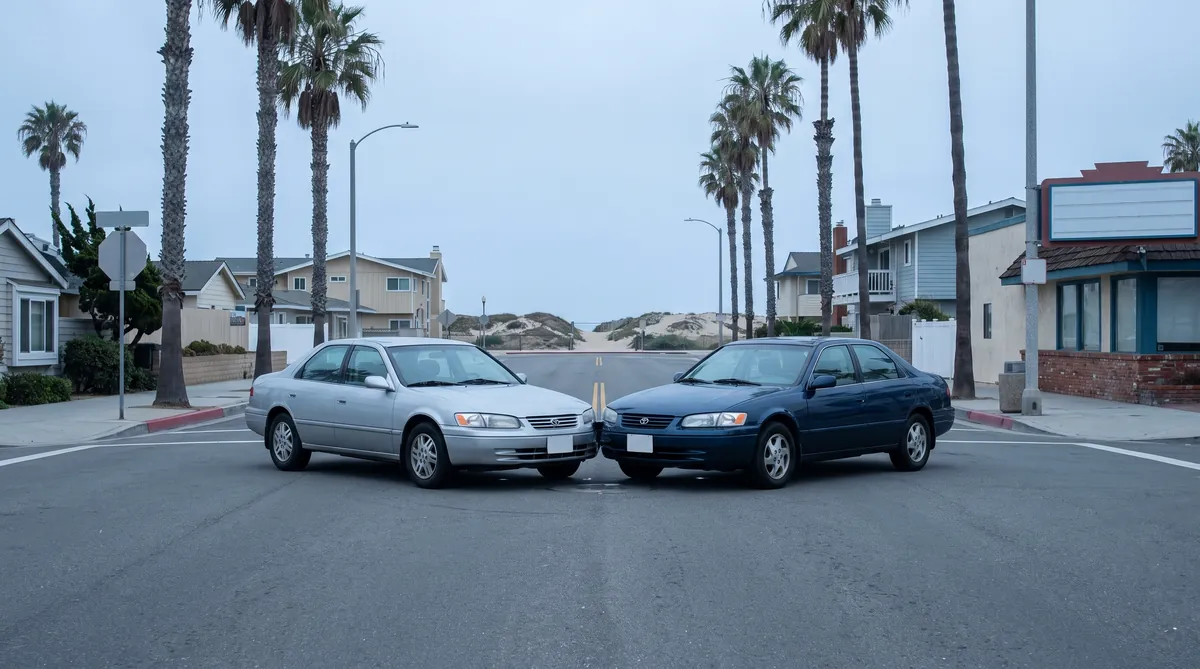 Two sedans with crumpled bumpers after a collision at a palm-lined Oceanside intersection