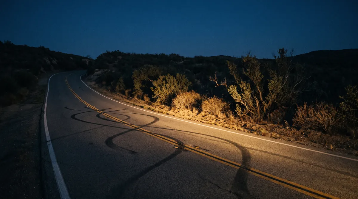 Erratic tire marks crossing the center line of a dark highway near Oceanside at night