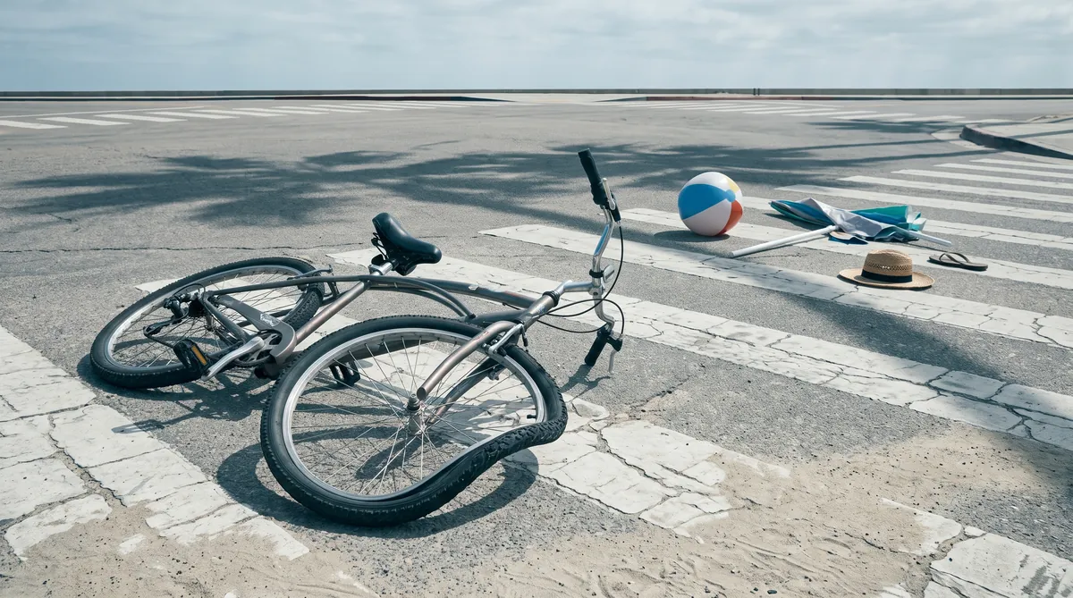 A bent bicycle lying in a beachside Oceanside crosswalk after being struck