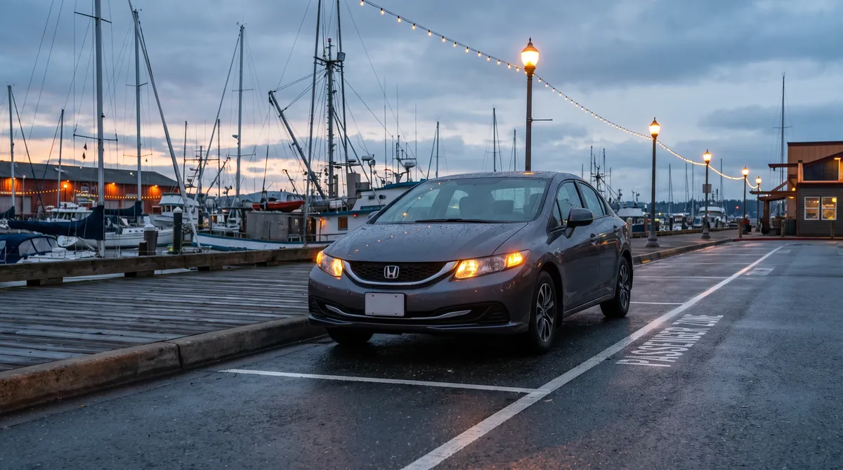 A rideshare sedan with hazard lights stopped at a curb near the Oceanside harbor at dusk