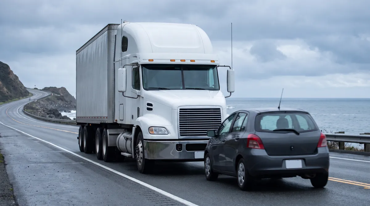 A semi-truck looming close behind a small car on a coastal Oceanside freeway